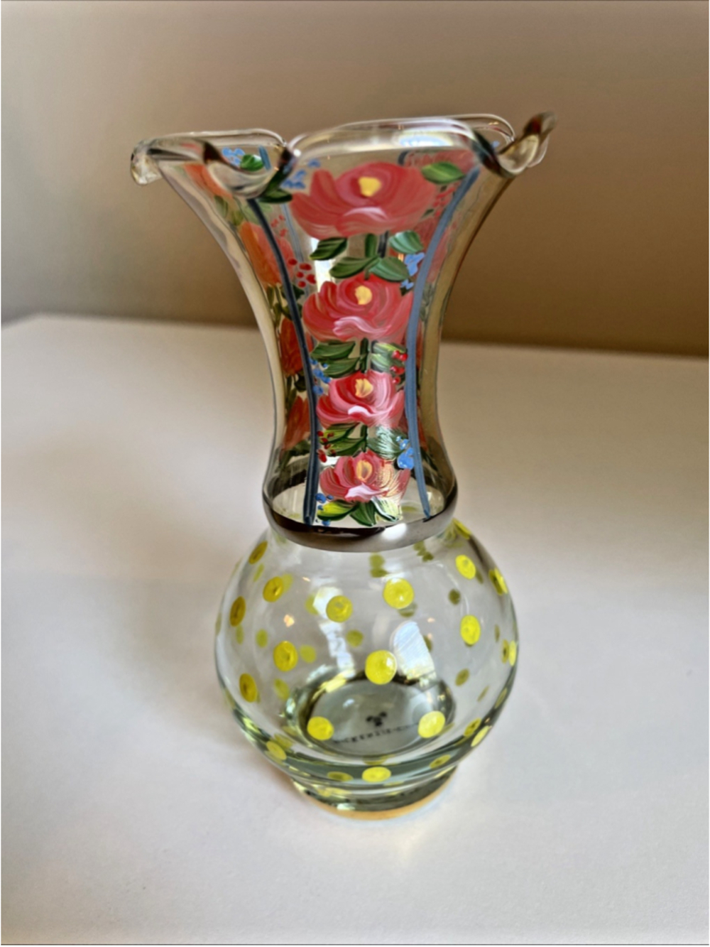 Mackenzie-Childs Chipper Glass Bud Vase Ruffled Floral Dots MINT